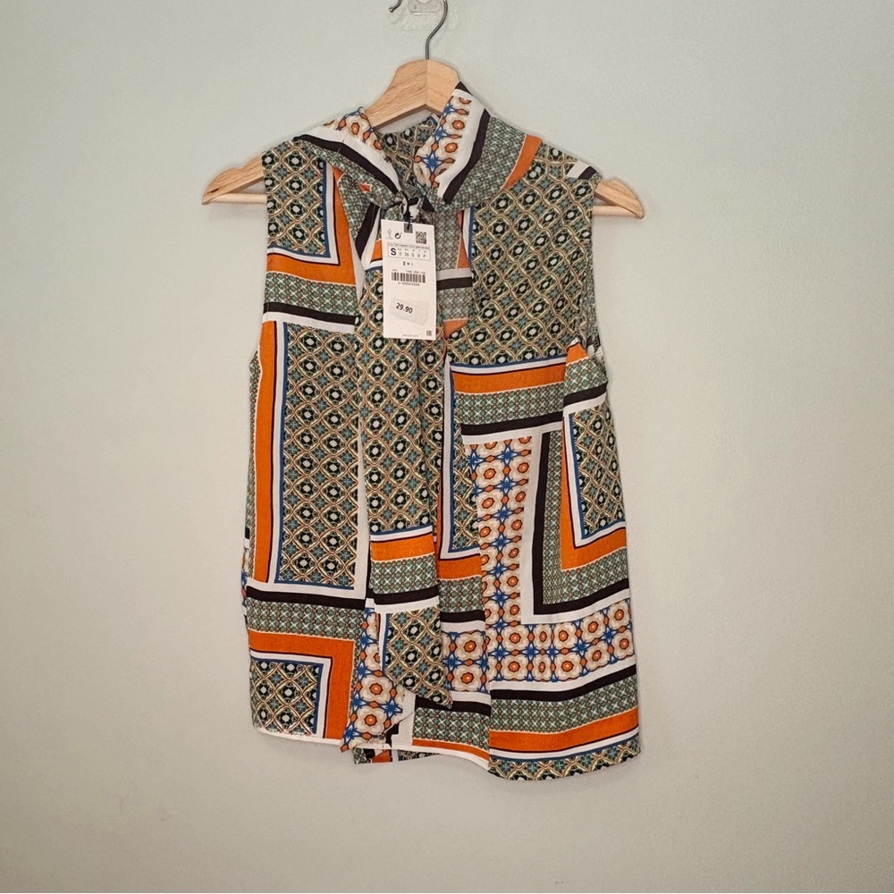 Zara Orange and Black Sleeveless Graphic Blouse